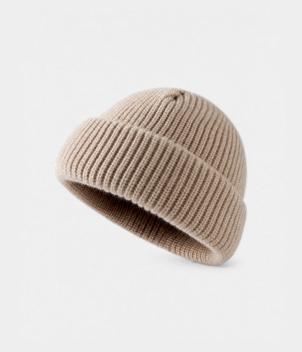 5 PANEL FISHERMAN BEANIE. ribbed knit beanie in BEIGE, front view