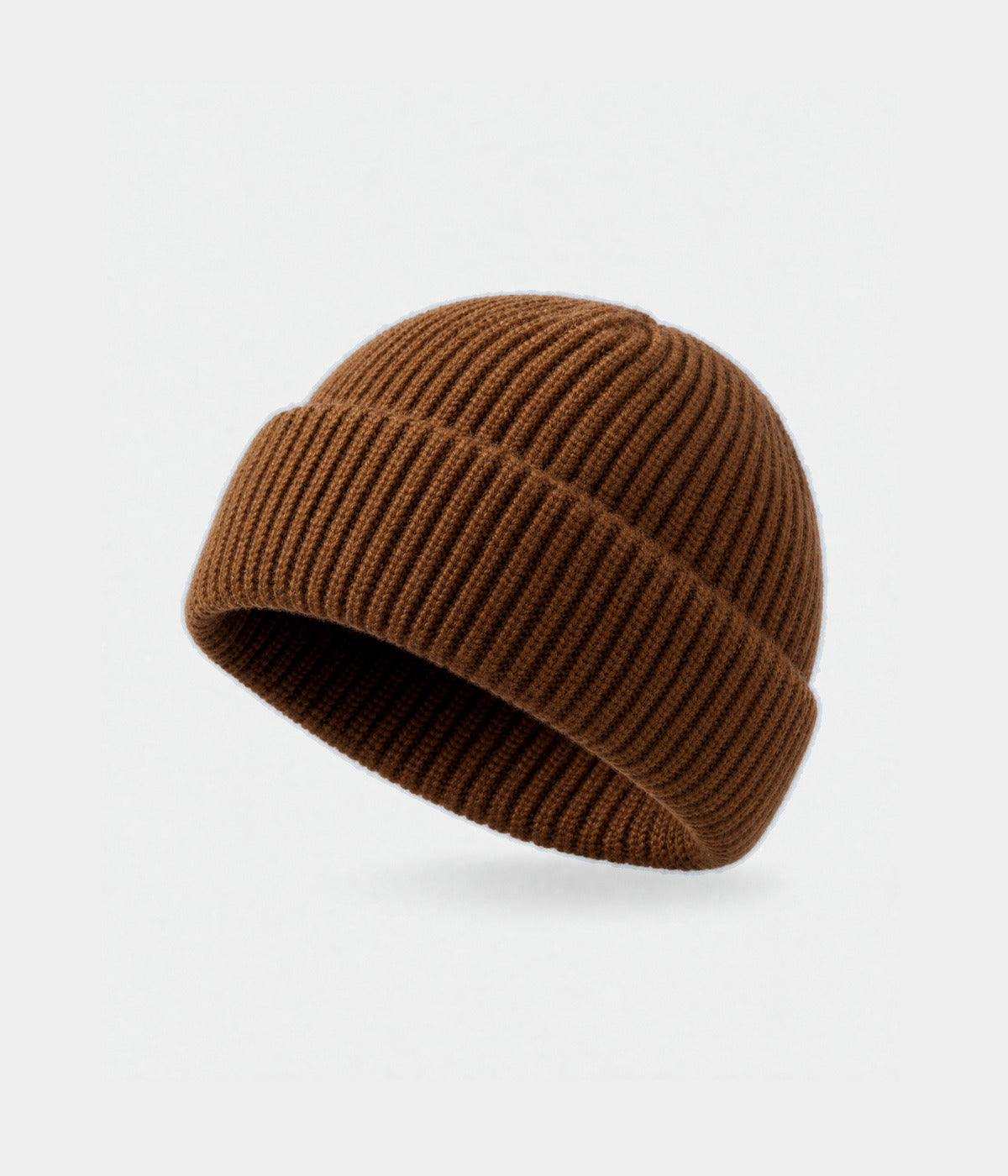 5 PANEL FISHERMAN BEANIE. ribbed knit beanie in CARAMEL, front view