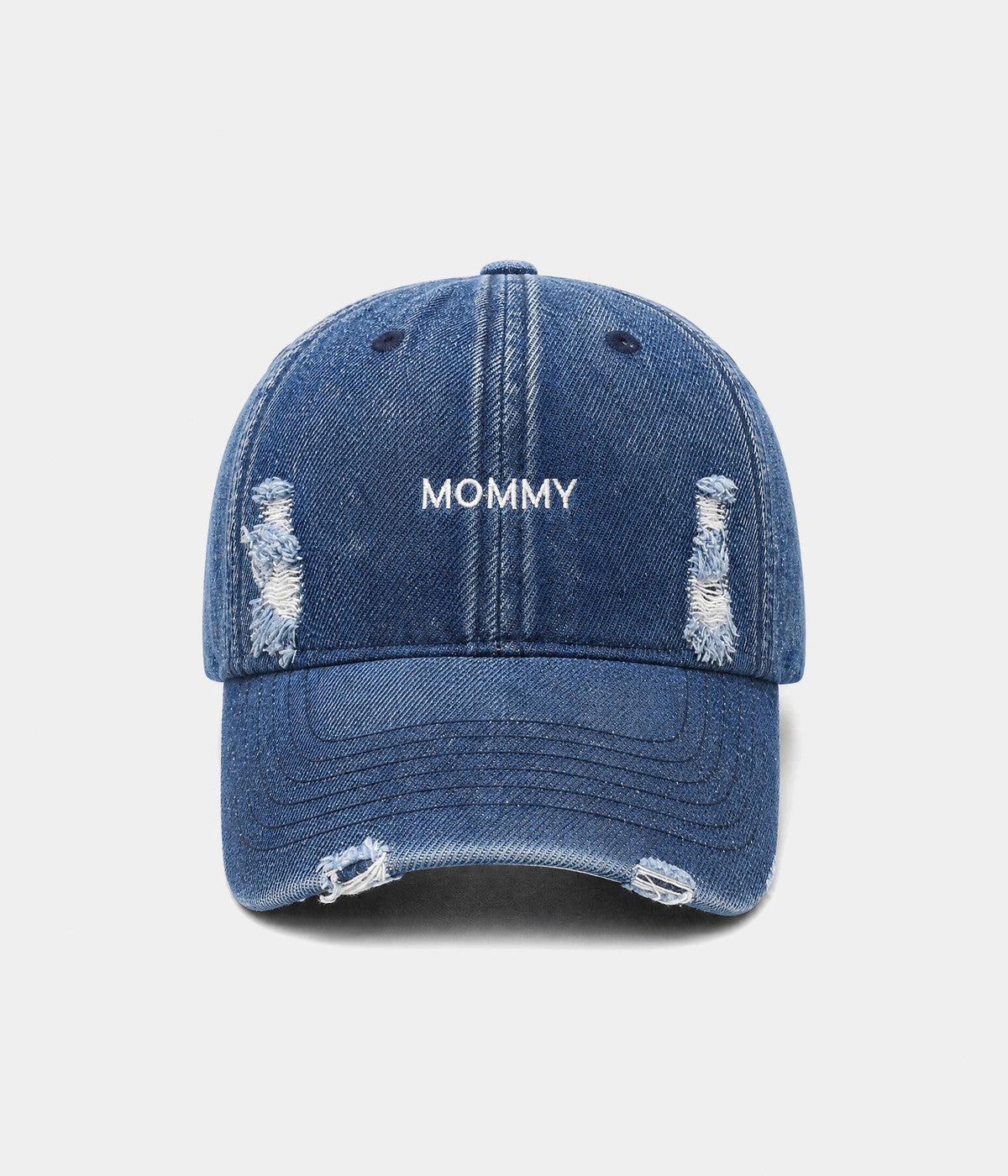 LIMITED EDITION — MOMMY. washed denim cap in blue, front view