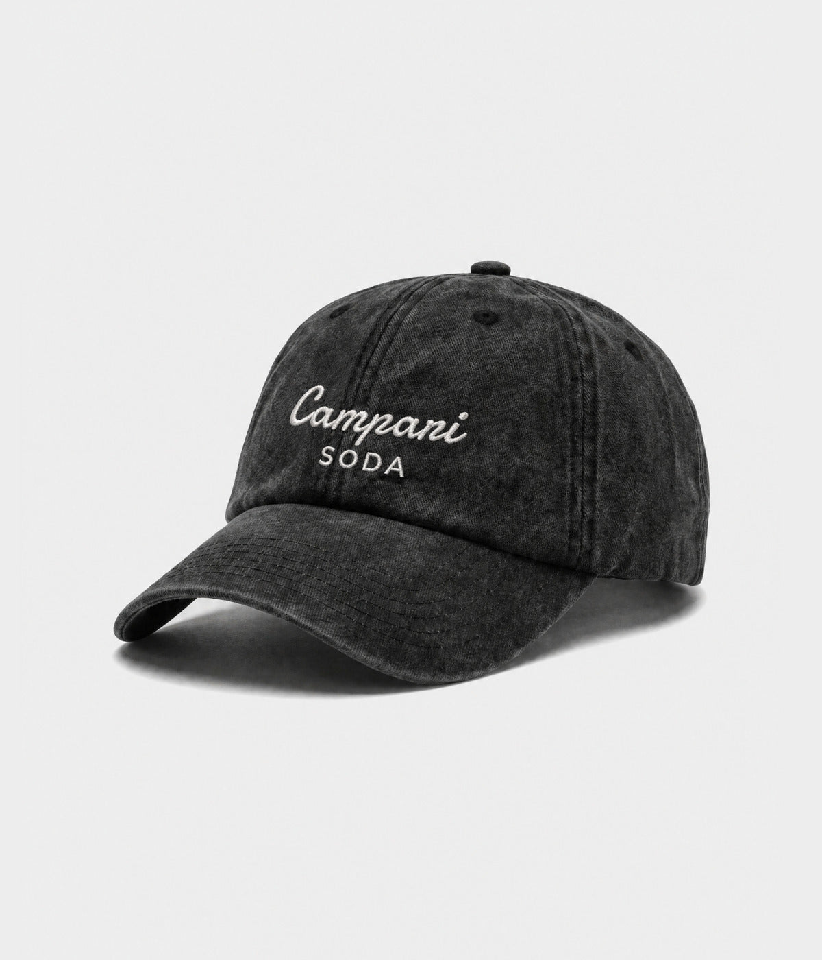 CAMPARI SODA. washed black cotton dad cap with embroidered Campari Soda wordmark, side view