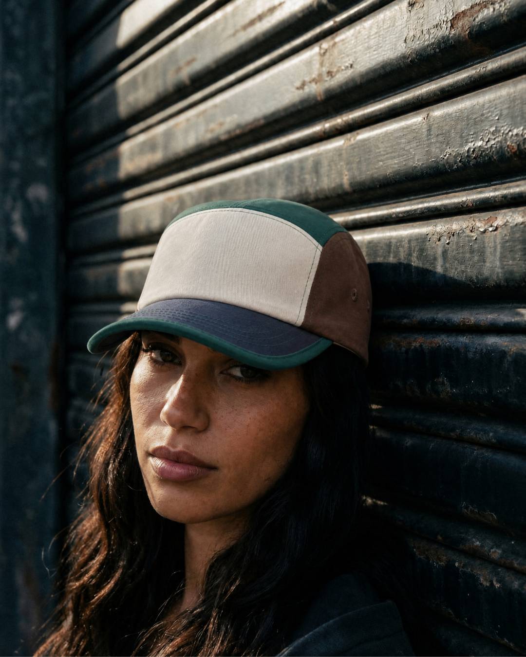Woman wearing a cap leaning against a metal shutter.