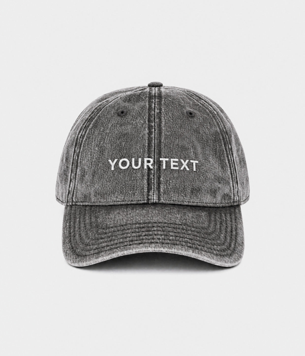 CUSTOM TWILL CAP vintage washed charcoal grey cotton twill dad cap with custom front embroidery, front view