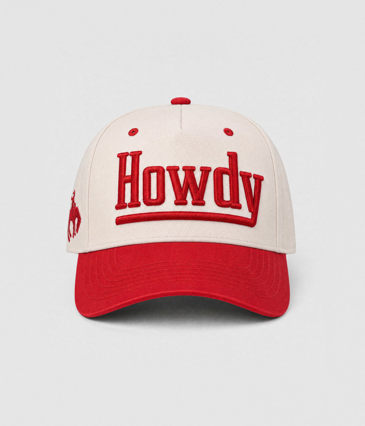HOWDY SNAPBACK. structured cream cotton snapback cap in RED, front view