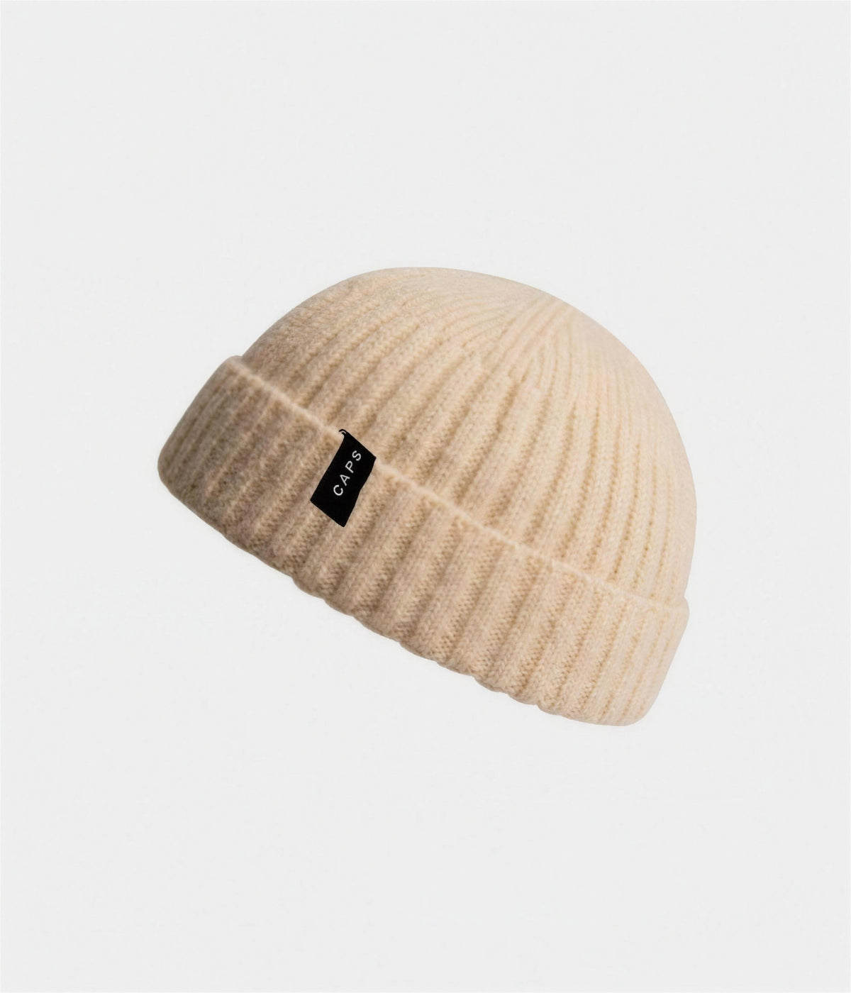 LOGO WOOL FISHERMAN BEANIE. in beige with CAPS logo label