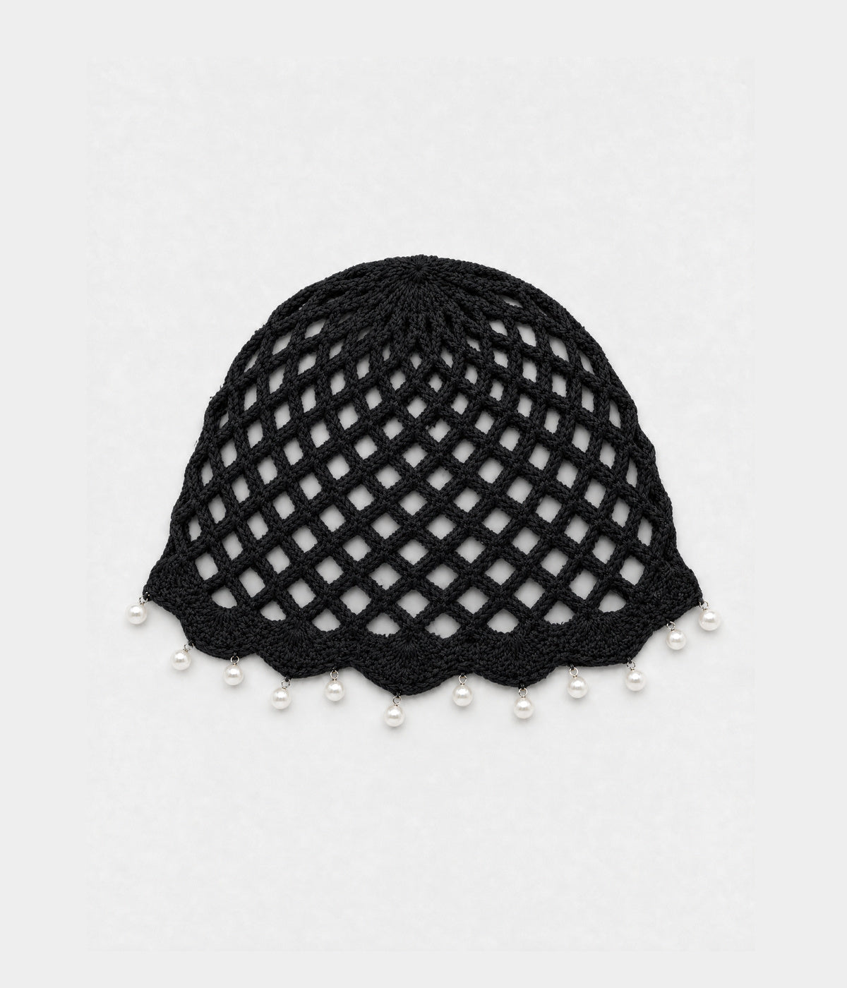 PEARL CROCHET CAP. open-mesh crochet cloche with pearl trim in black, front view
