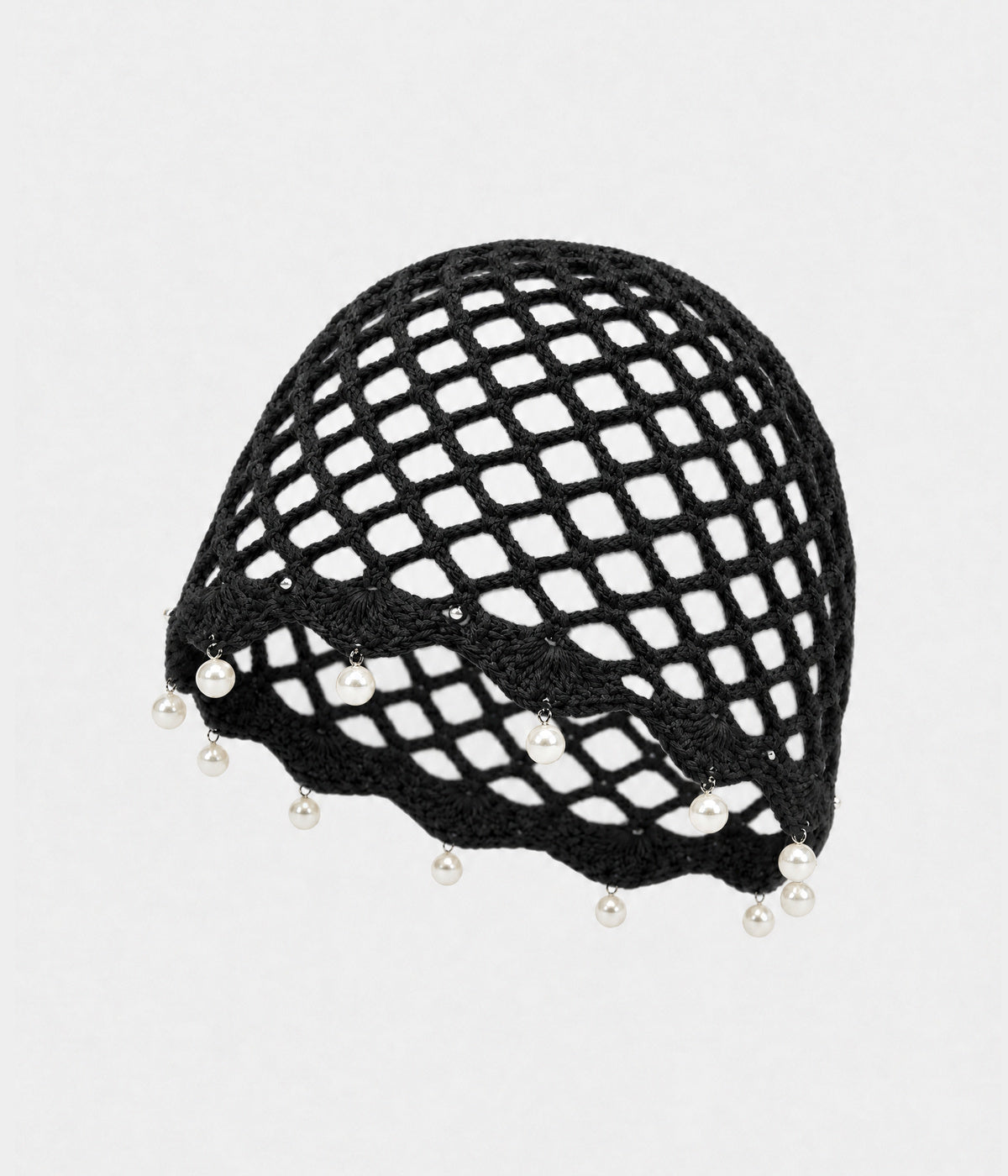PEARL CROCHET CAP. open-mesh crochet cloche with pearl trim in black, front view