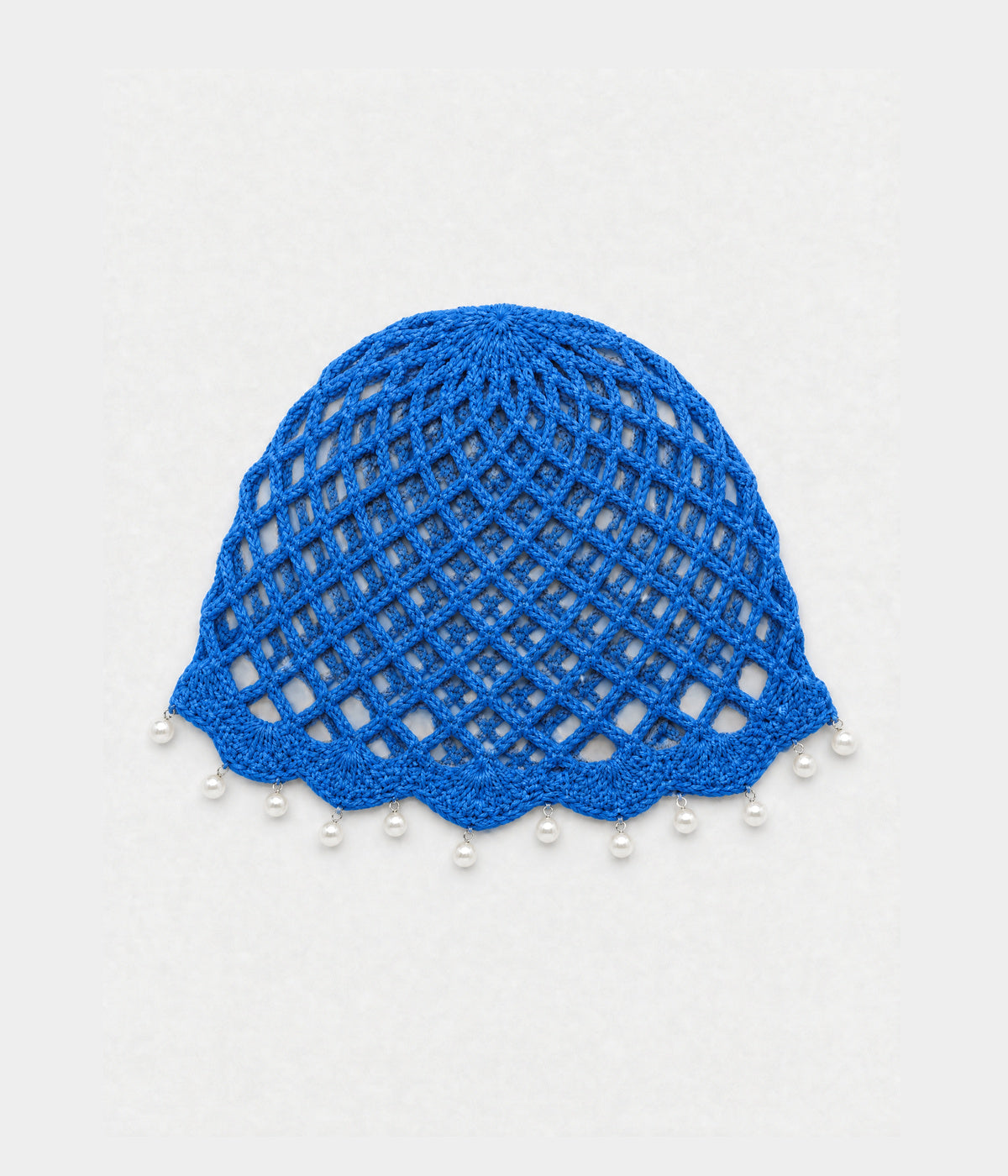 PEARL CROCHET CAP. open-mesh crochet cloche with pearl trim in blue, front view