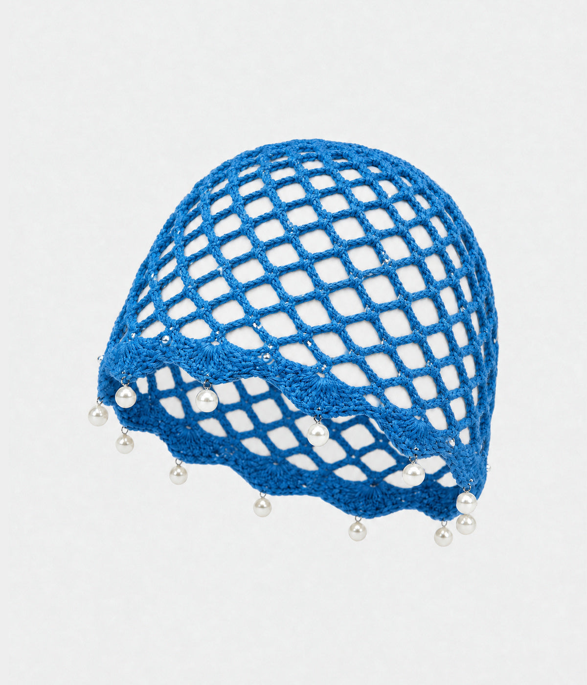 PEARL CROCHET CAP. open-mesh crochet cloche with pearl trim in blue, front view