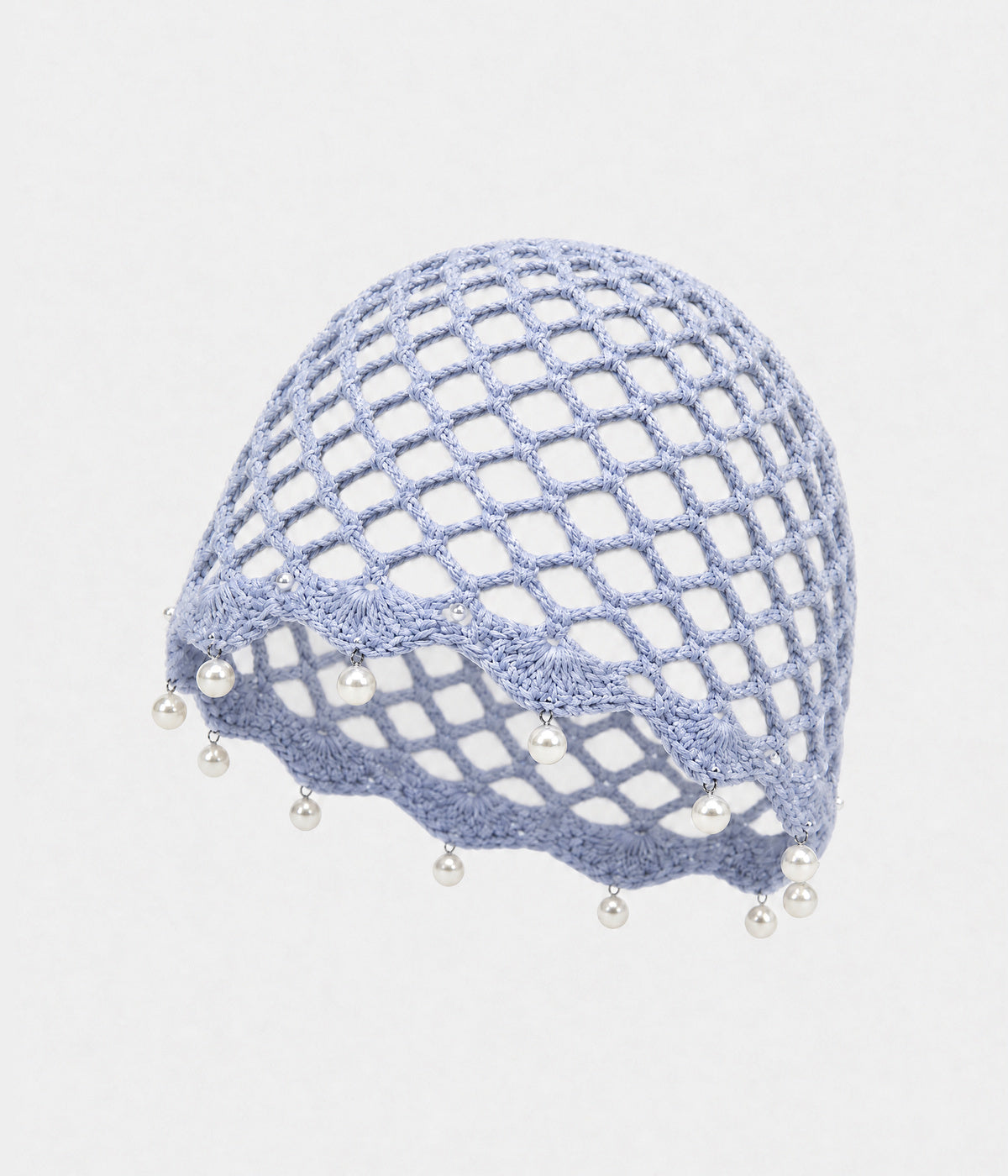 PEARL CROCHET CAP. open-mesh crochet cloche with pearl trim in light blue, front view