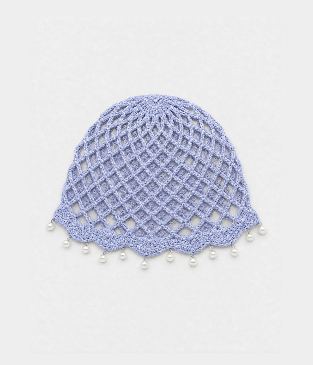 PEARL CROCHET CAP. open-mesh crochet cloche with pearl trim in light blue, front view