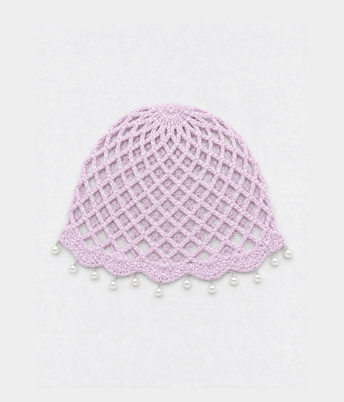 PEARL CROCHET CAP. open-mesh crochet cloche with pearl trim in light pink, front view