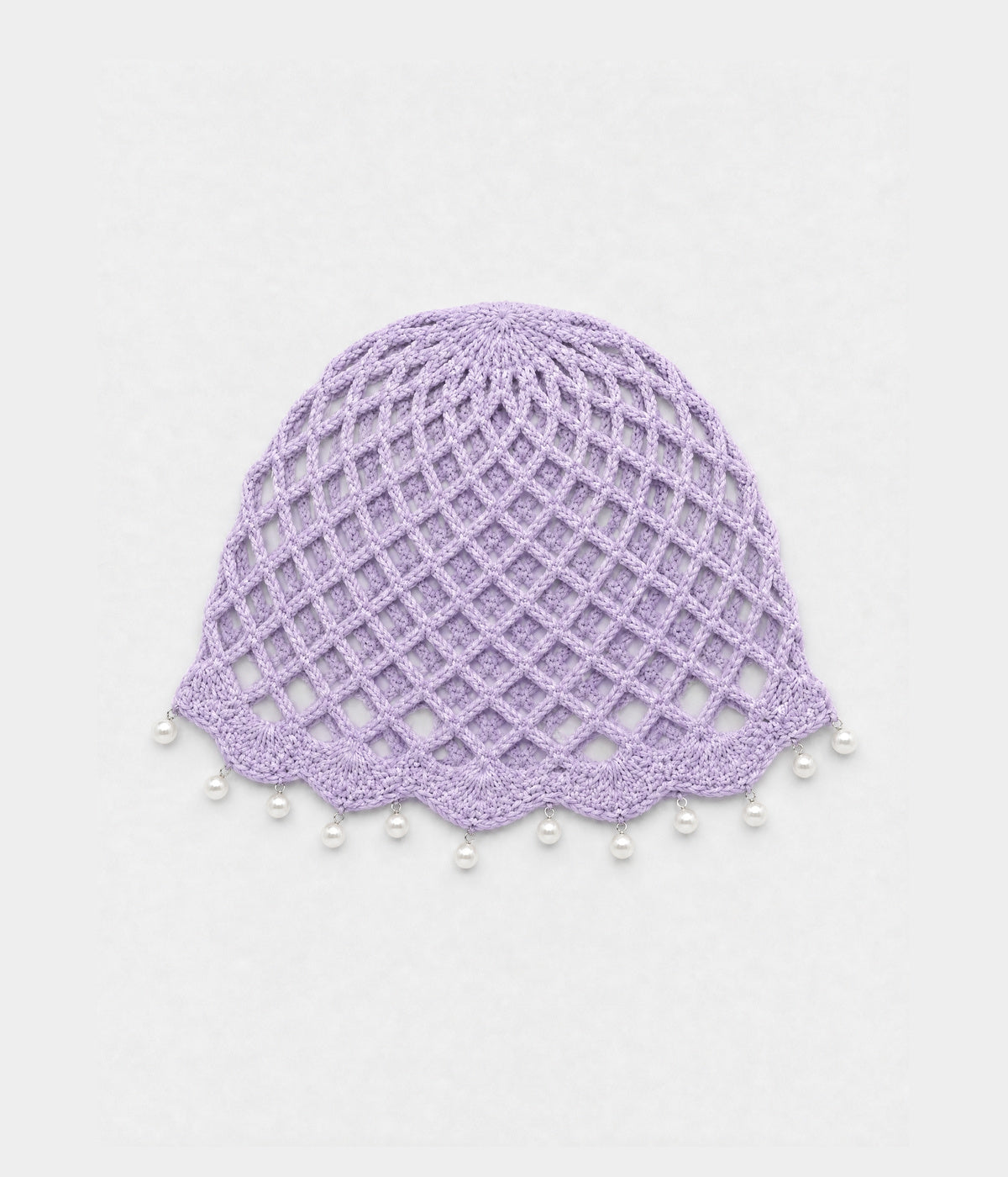 PEARL CROCHET CAP. open-mesh crochet cloche with pearl trim in light purple, front view