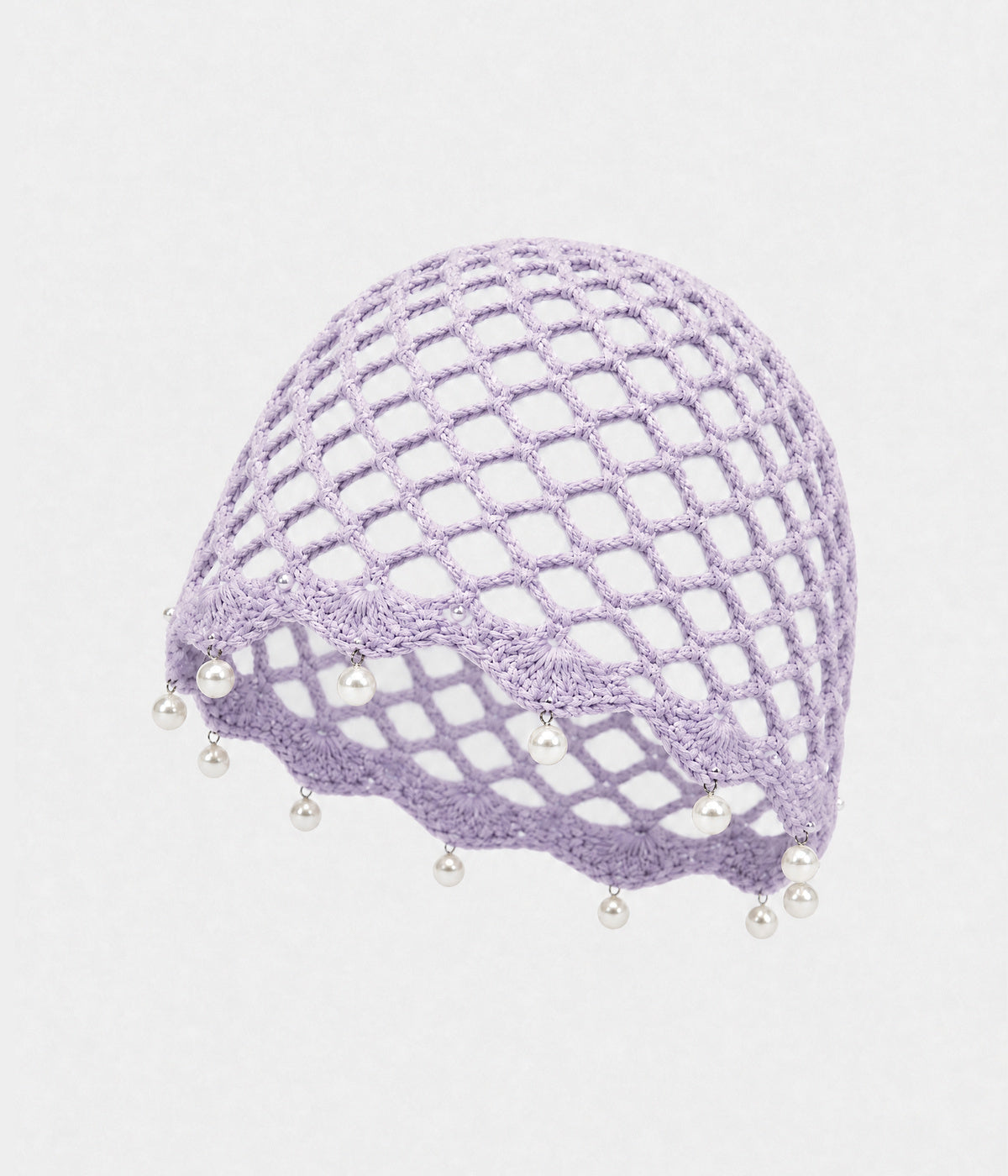 PEARL CROCHET CAP. open-mesh crochet cloche with pearl trim in light purple, front view