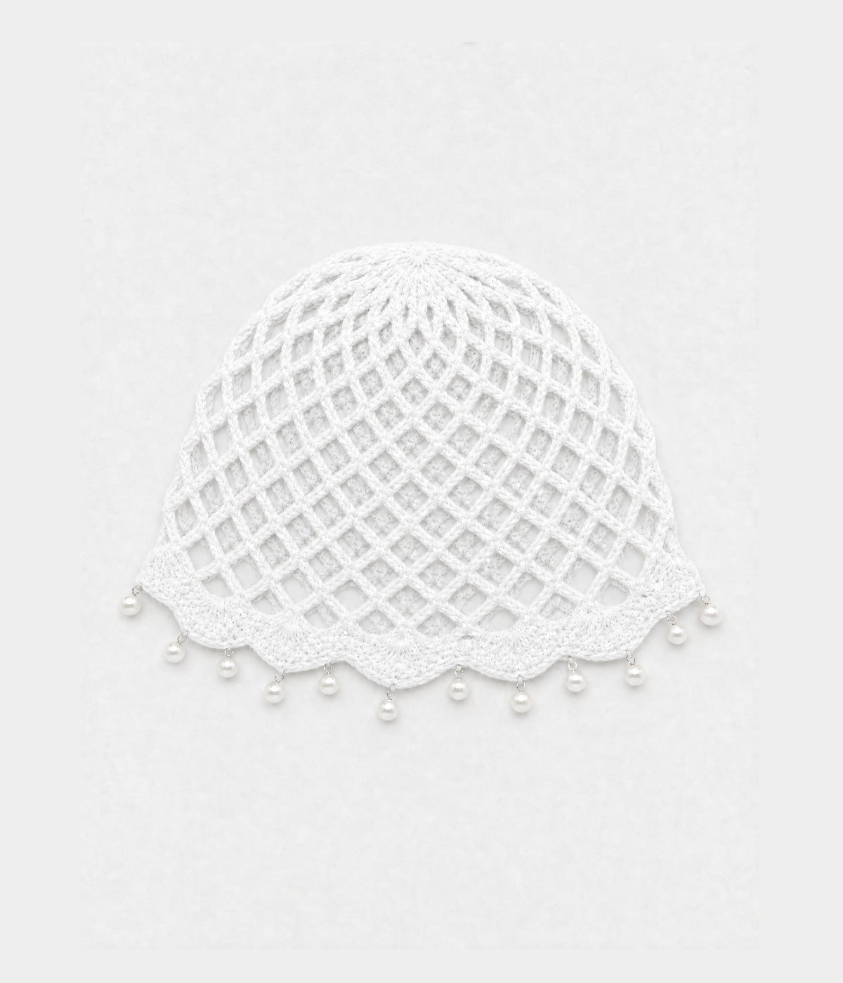 PEARL CROCHET CAP. open-mesh crochet cloche with pearl trim in white, front view