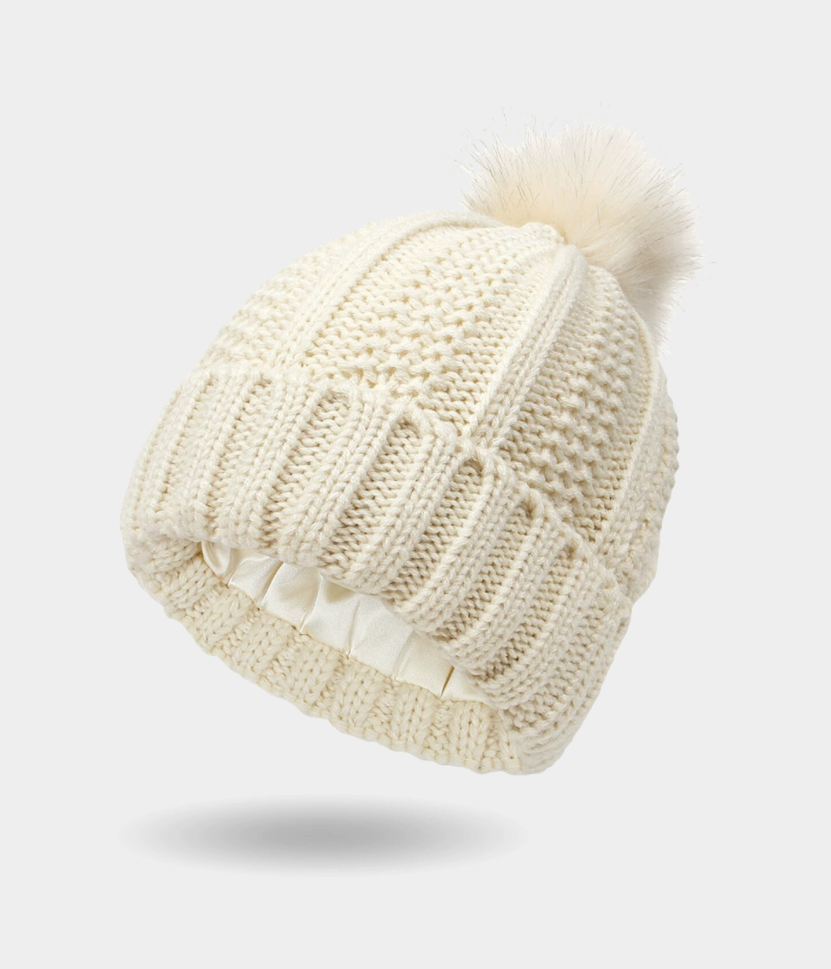 SATIN POMPOM BEANIE.