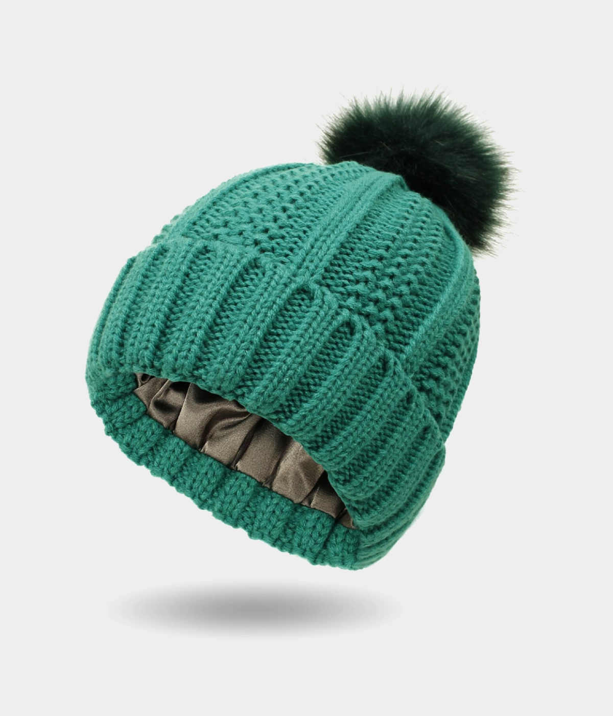 SATIN POMPOM BEANIE.
