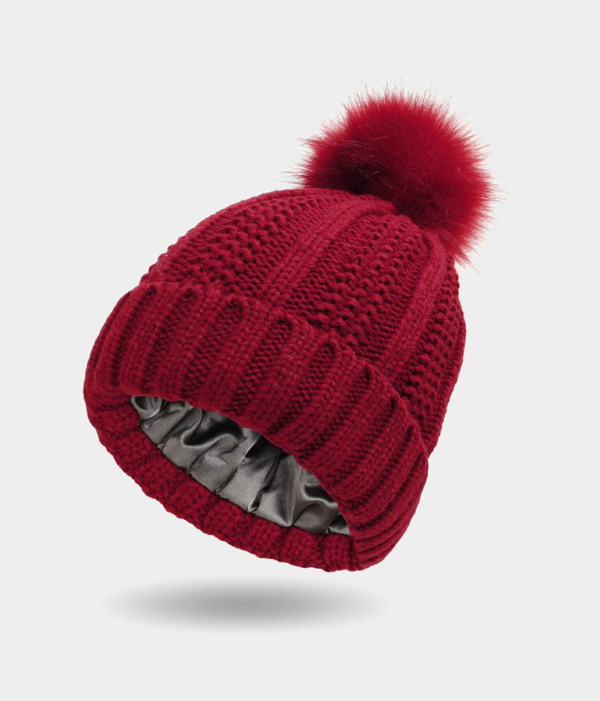 SATIN POMPOM BEANIE.