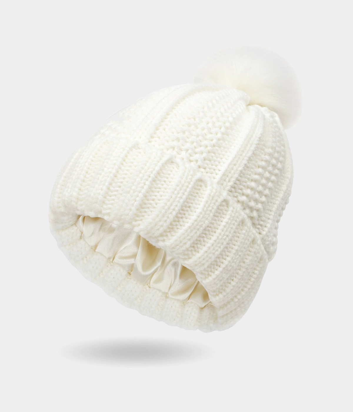 SATIN POMPOM BEANIE.