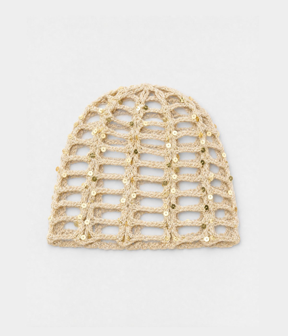 SEQUIN CROCHET CAP. open-work sequin crochet cap in beige, front view
