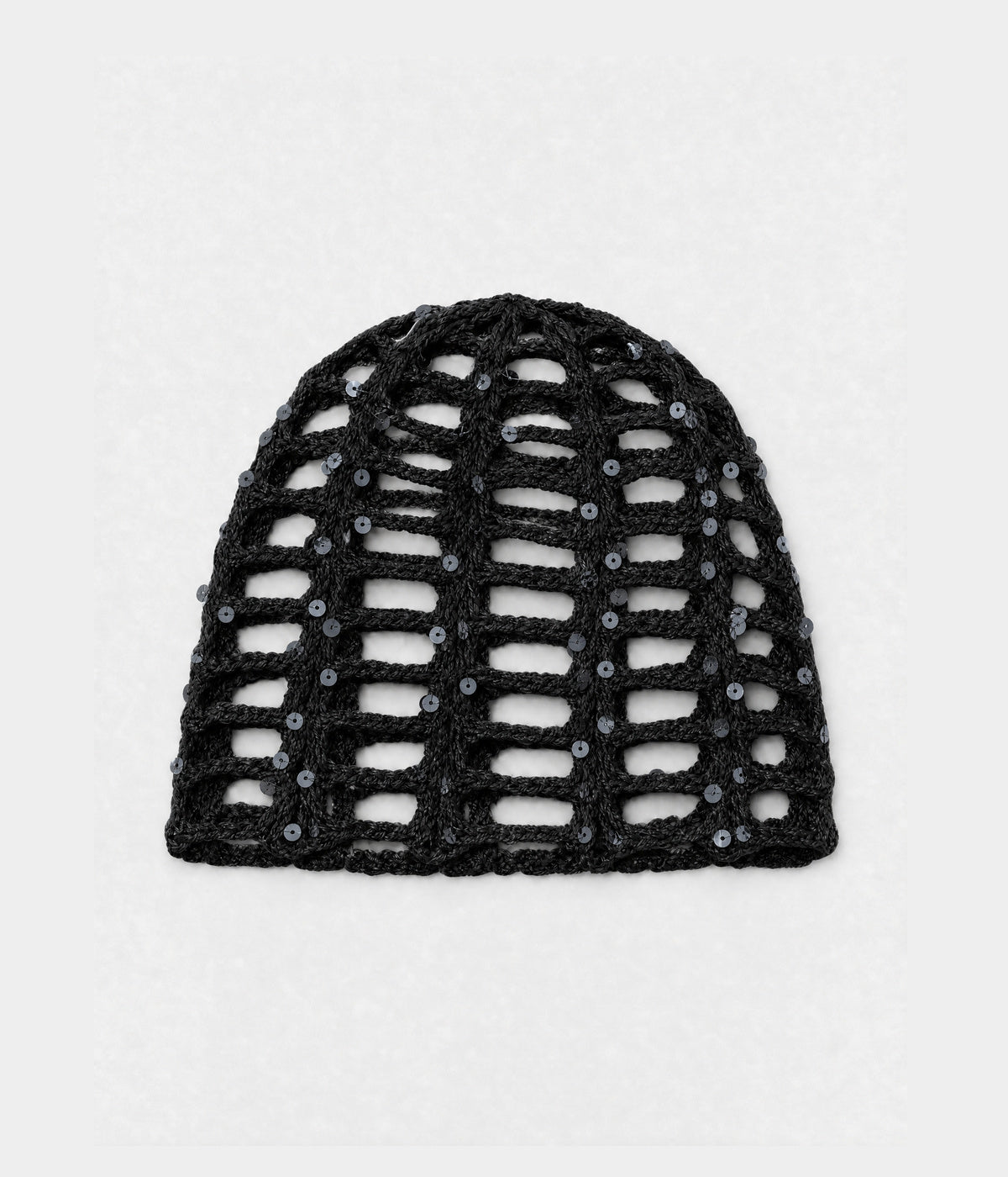 SEQUIN CROCHET CAP. open-work sequin crochet cap in black, front view
