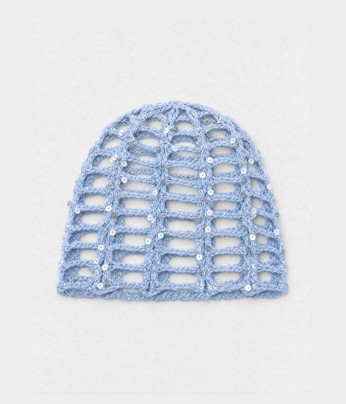 SEQUIN CROCHET CAP. open-work sequin crochet cap in blue, front view