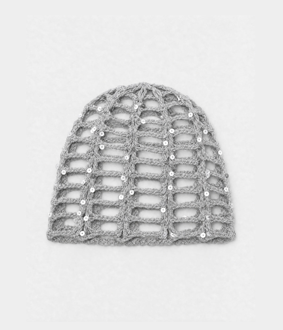 SEQUIN CROCHET CAP. open-work sequin crochet cap in gray, front view