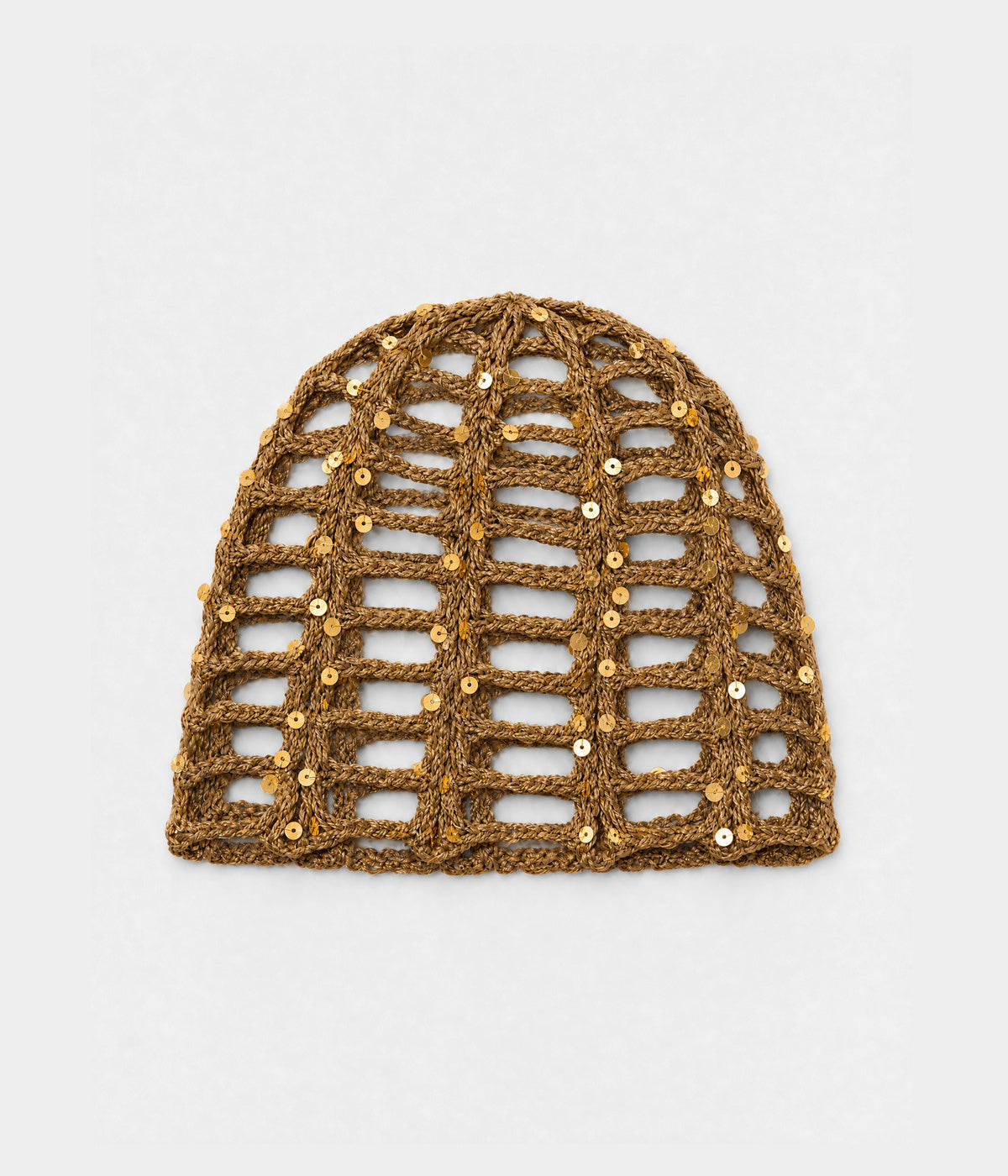 SEQUIN CROCHET CAP. open-work sequin crochet cap in khaki, front view