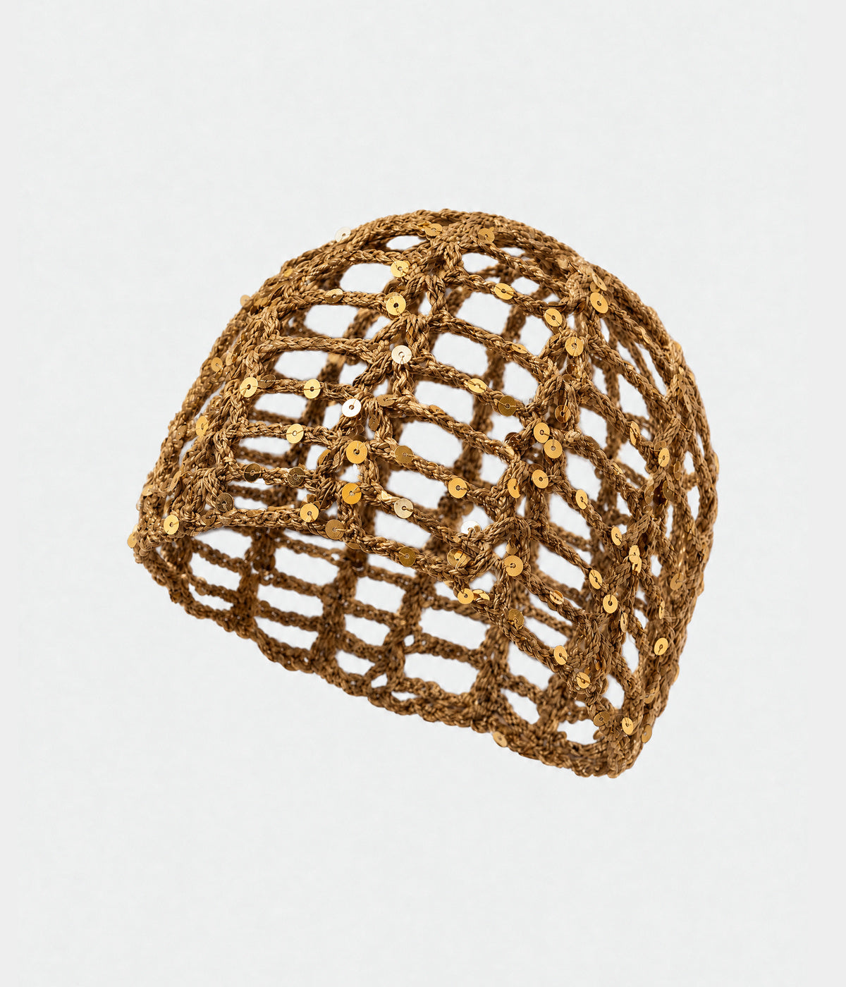 SEQUIN CROCHET CAP. open-work sequin crochet cap in khaki, front view