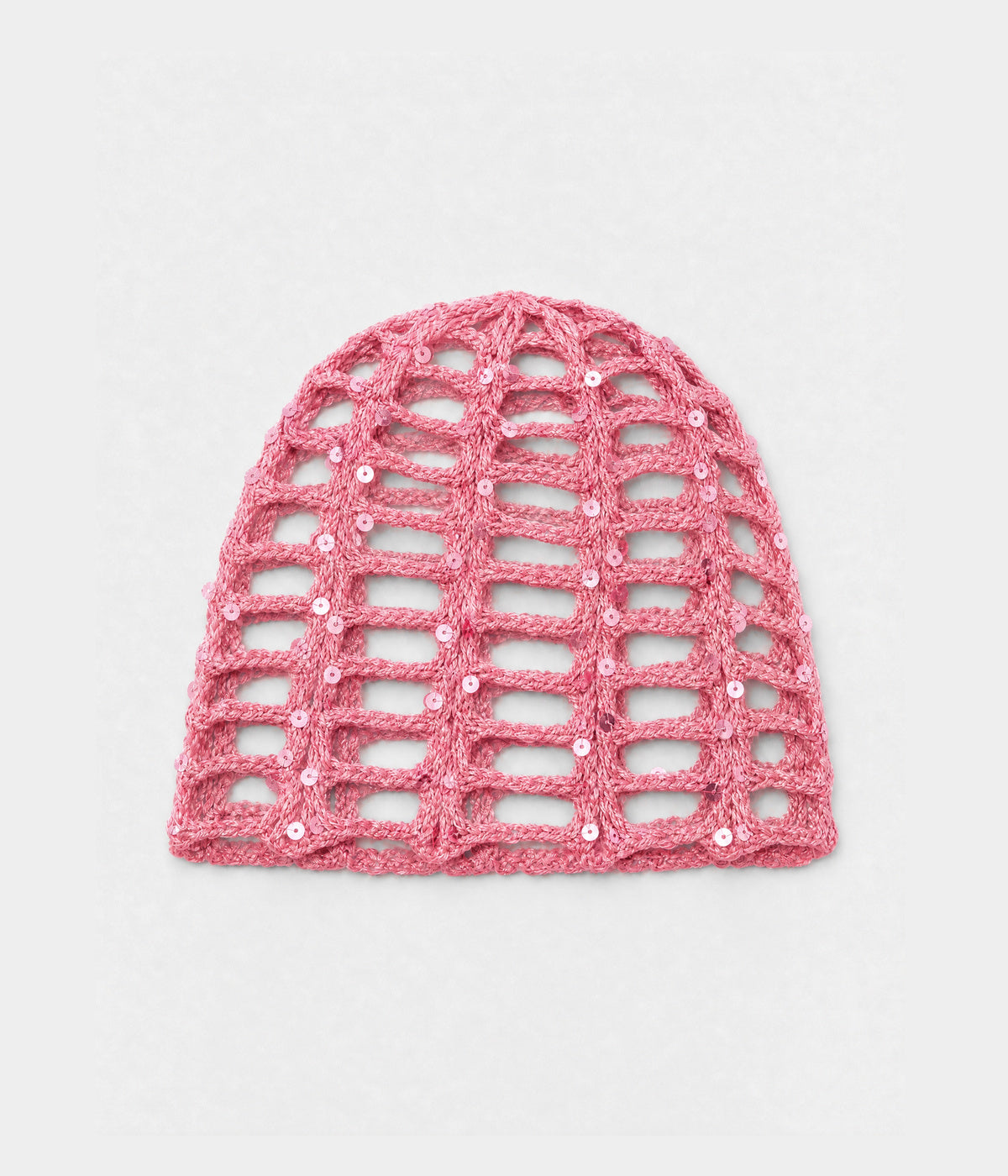 SEQUIN CROCHET CAP. open-work sequin crochet cap in pink, front view