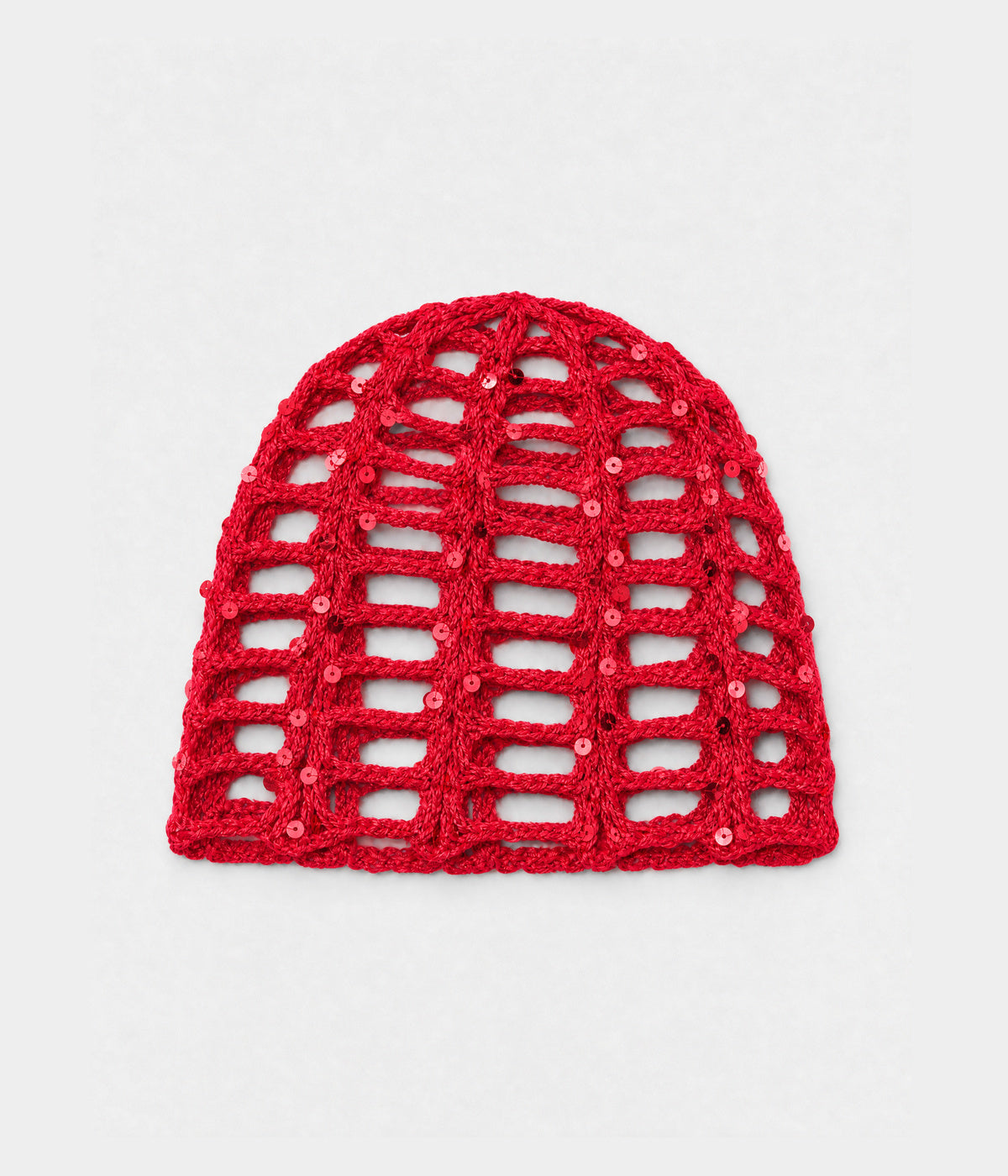 SEQUIN CROCHET CAP. open-work sequin crochet cap in red, front view