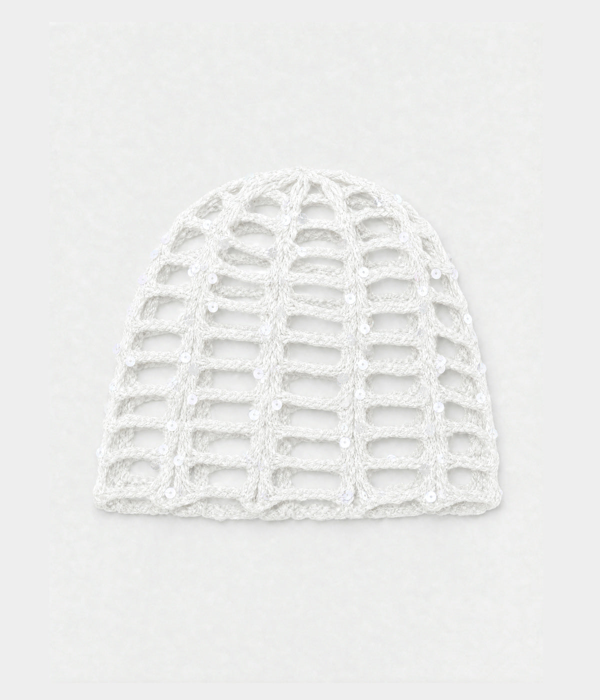 SEQUIN CROCHET CAP. open-work sequin crochet cap in white, front view