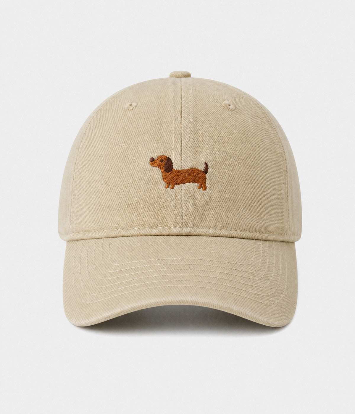 SAUSAGE DOG. washed cotton cap in beige, front view