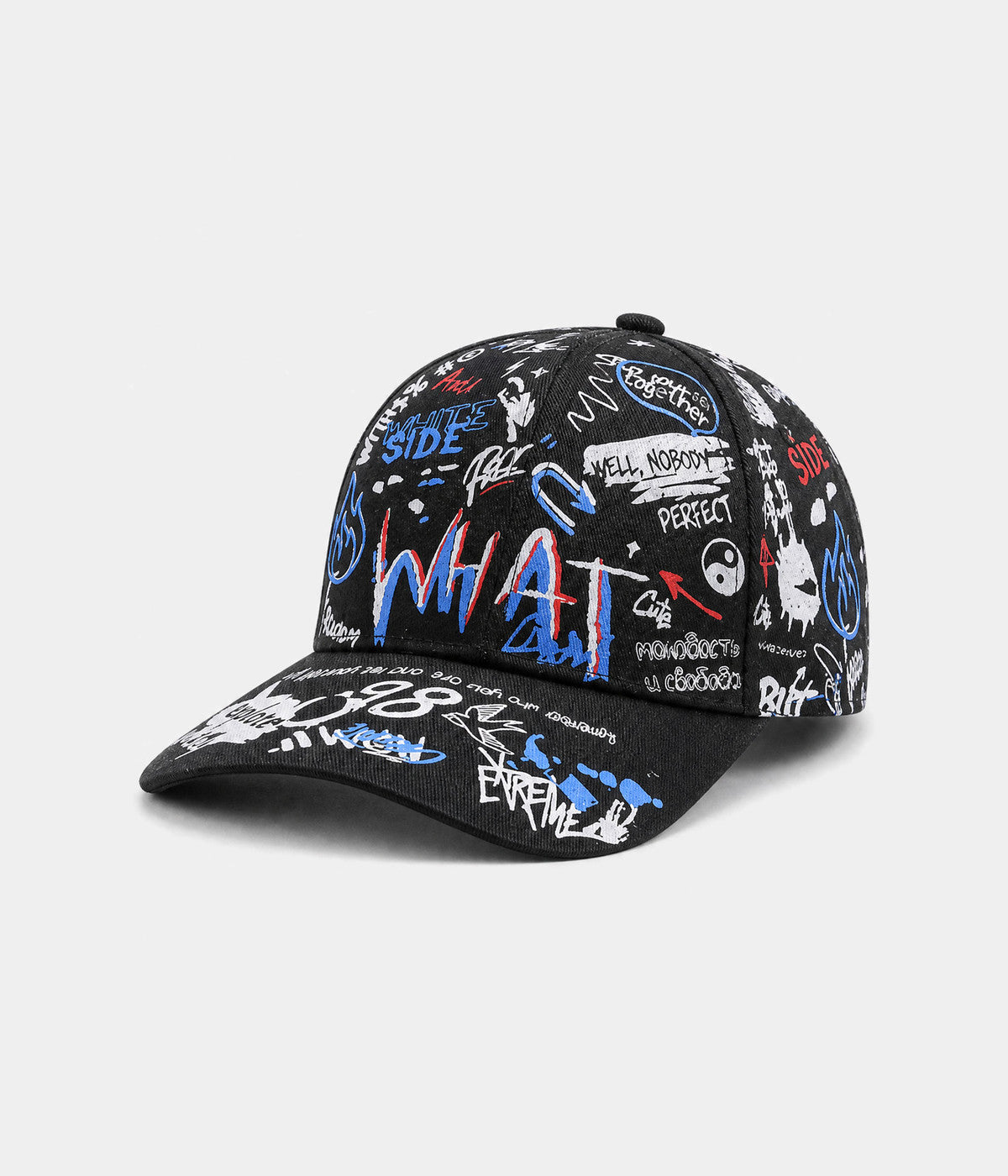 GRAFFITI CAP. printed cap in BLACK/BLUE, side view