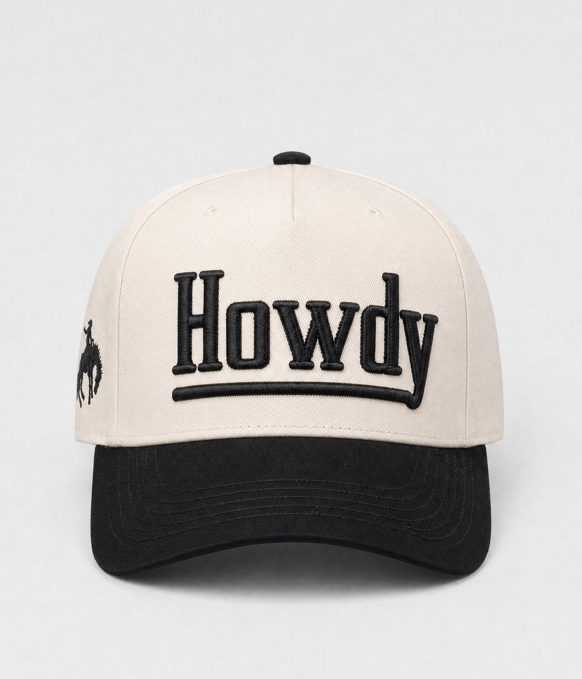 HOWDY SNAPBACK. structured cream cotton snapback cap in BLACK, front view