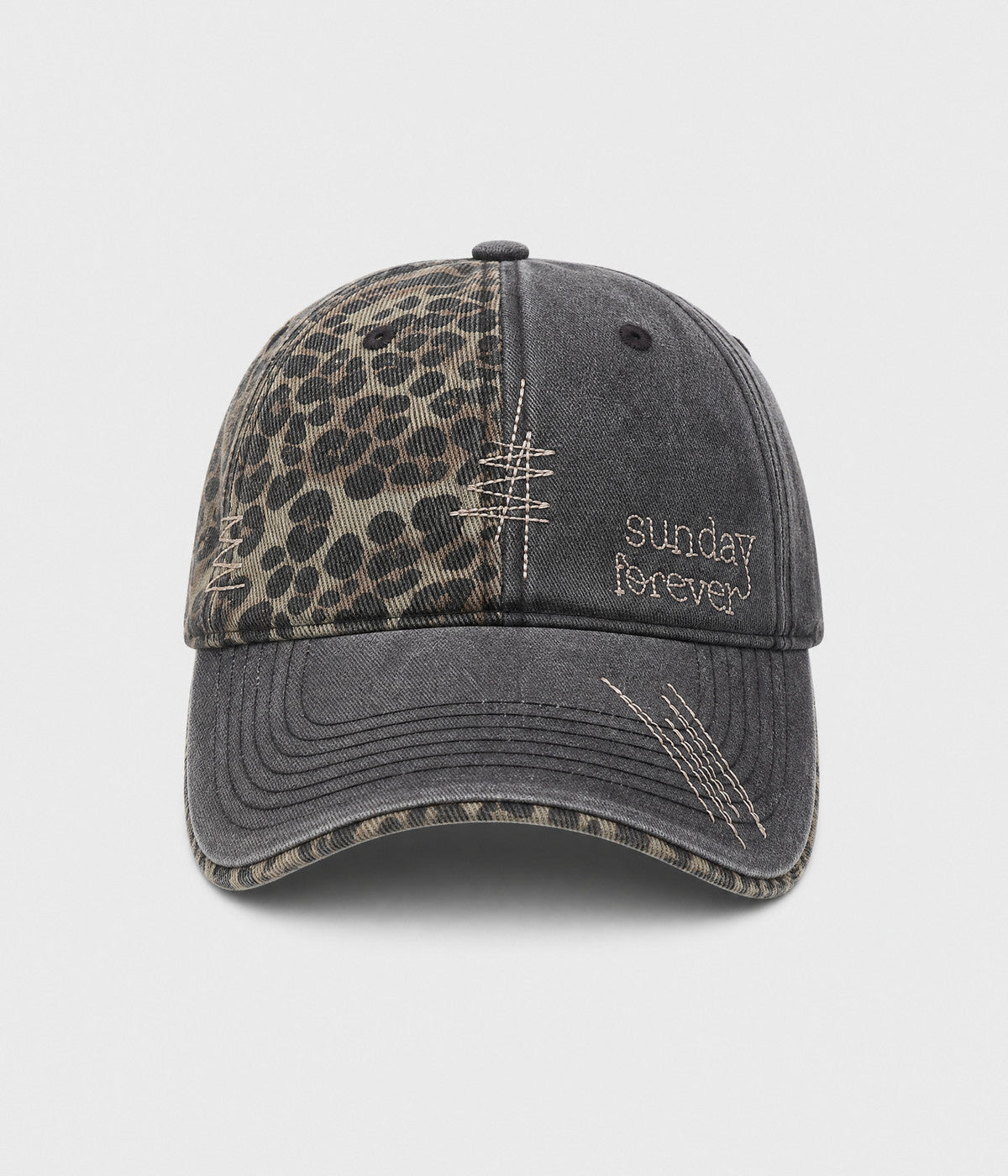 SUNDAY FOREVER. washed half-leopard dad cap in BLACK, front view