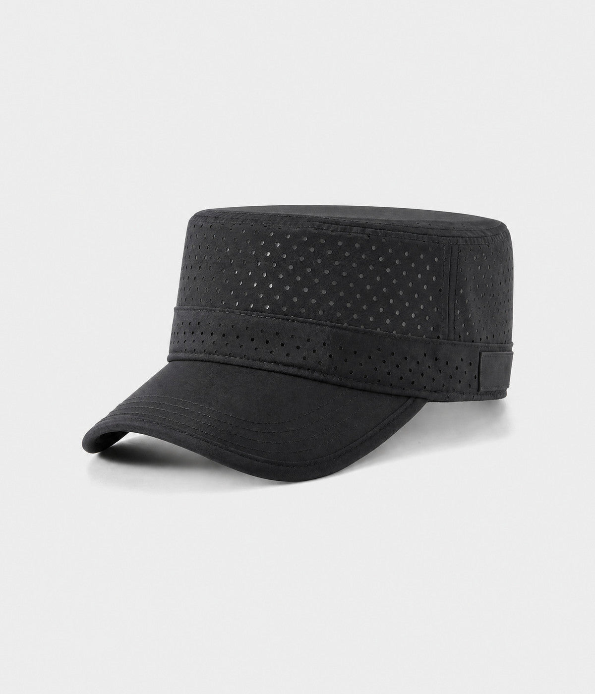 VENTED CADET. perforated cadet cap in black, side view