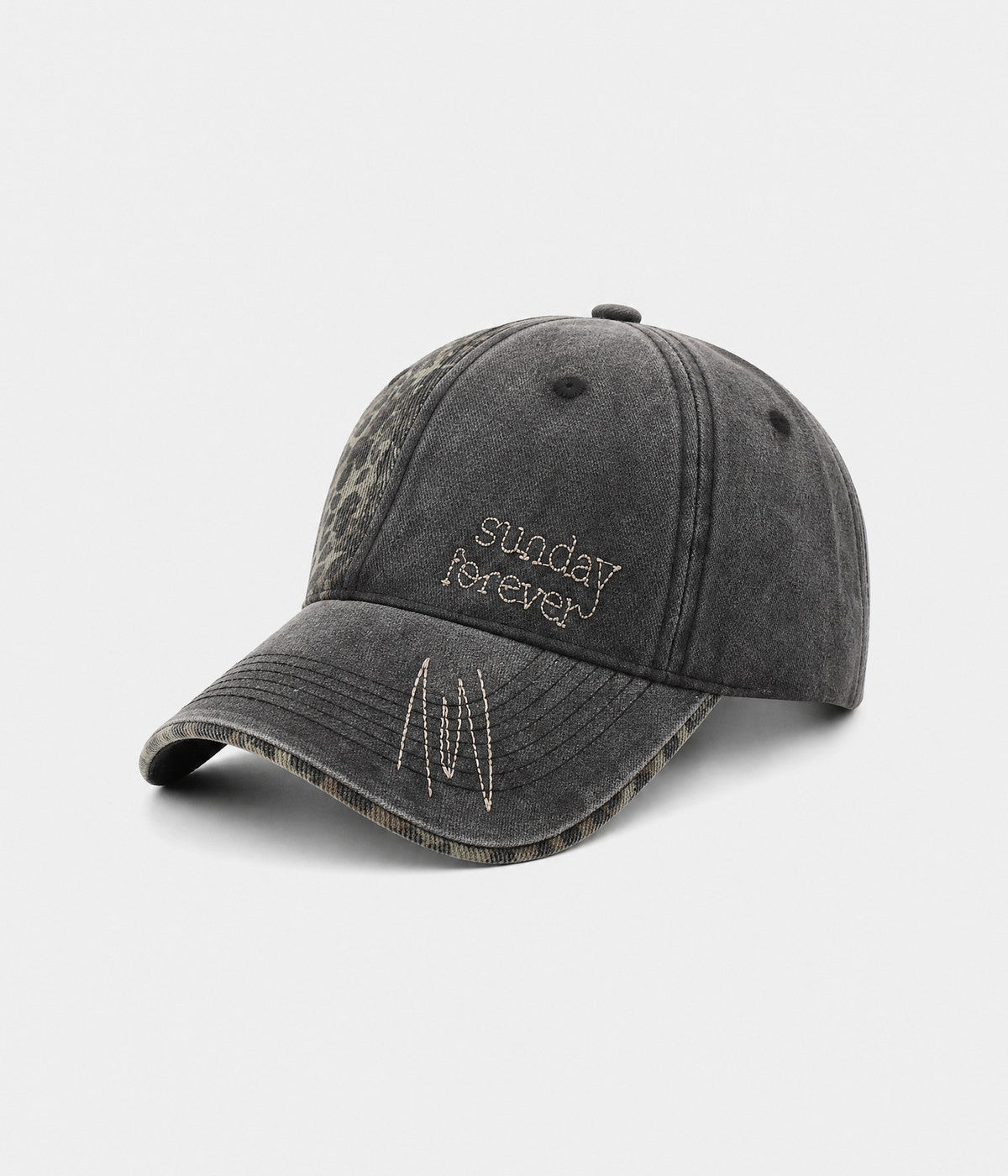 SUNDAY FOREVER. washed half-leopard dad cap in BLACK, side view
