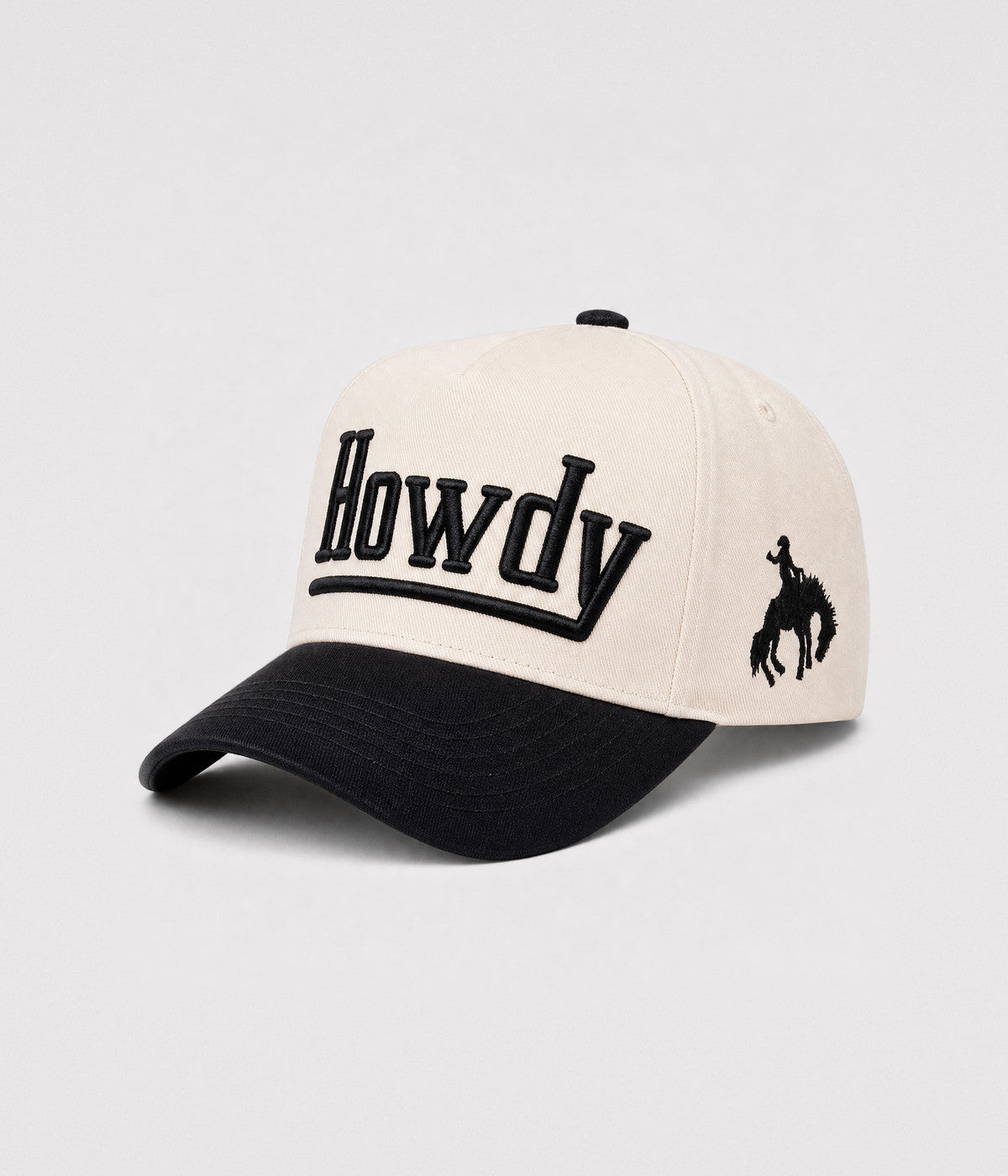 HOWDY SNAPBACK. structured cream cotton snapback cap in BLACK, side view