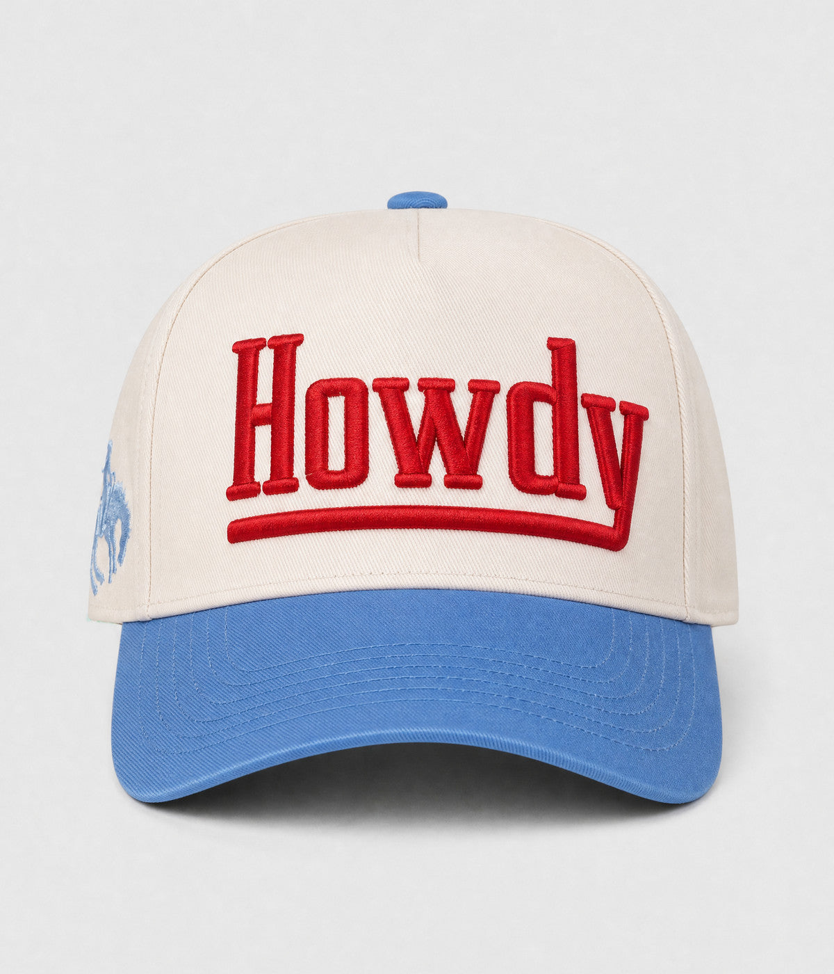 HOWDY SNAPBACK. structured cream cotton snapback cap in BLUE, front view
