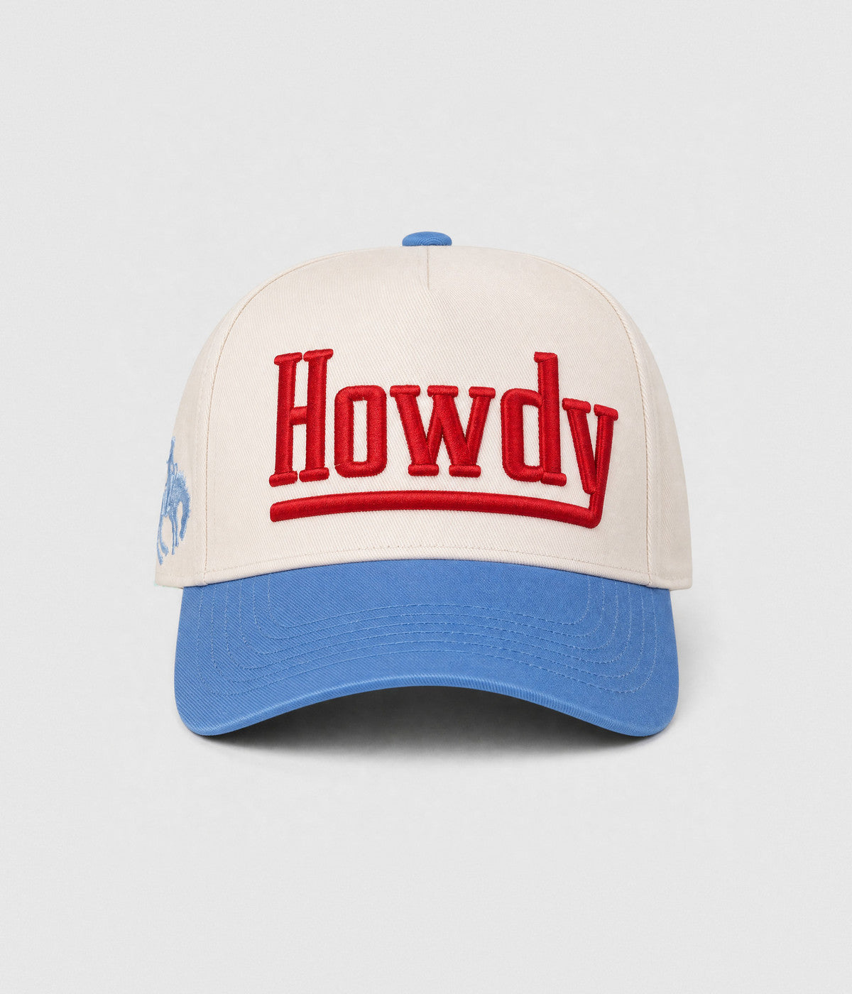 HOWDY SNAPBACK. structured cream cotton snapback cap in BLUE, front view