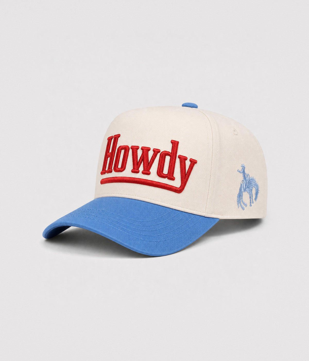 HOWDY SNAPBACK. structured cream cotton snapback cap in BLUE, side view