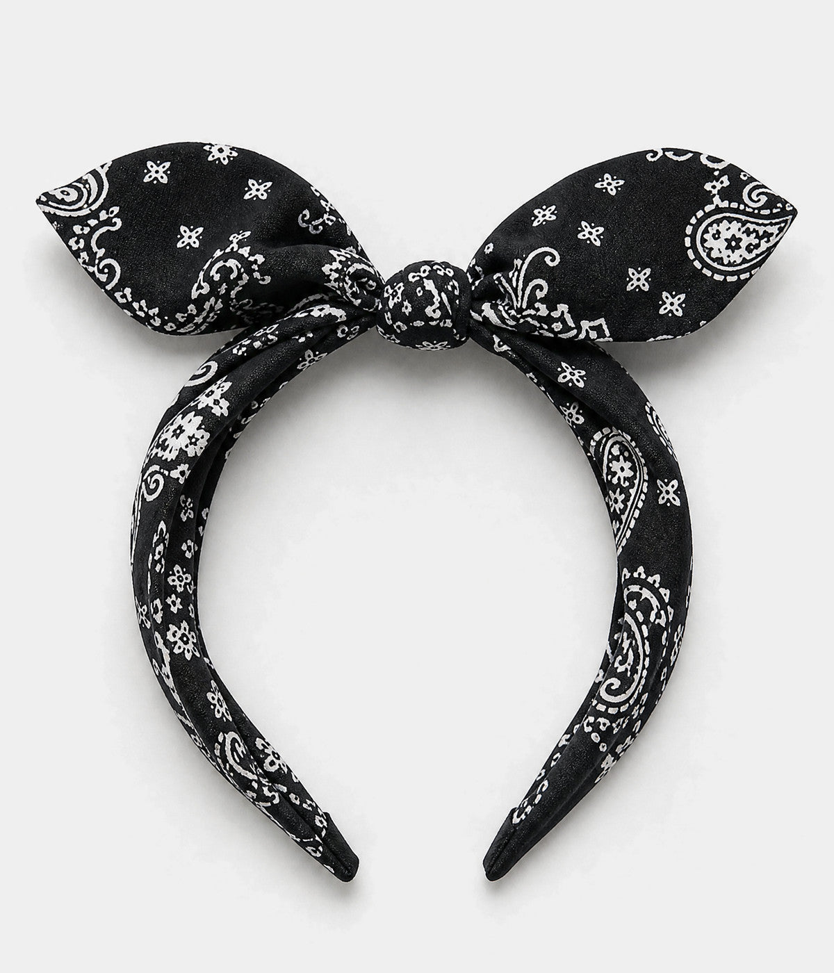 PAISLEY BOW HEADBAND. paisley bow headband in BLACK, flat-lay view
