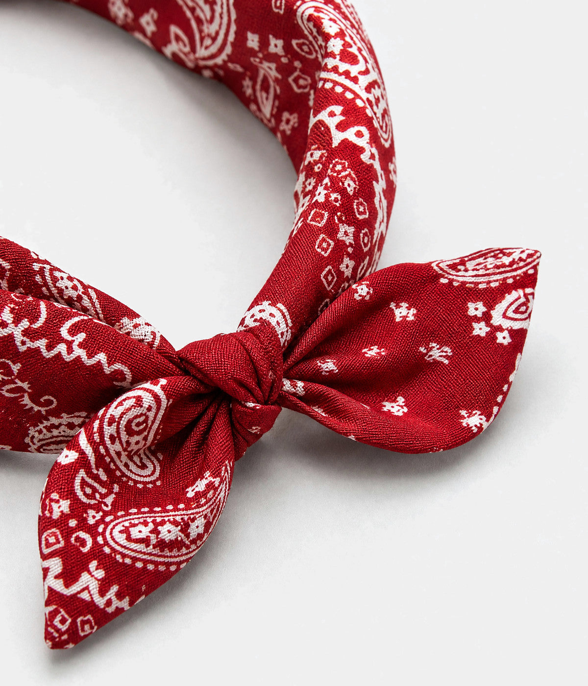 PAISLEY BOW HEADBAND. paisley bow headband in DARK RED, close-up view