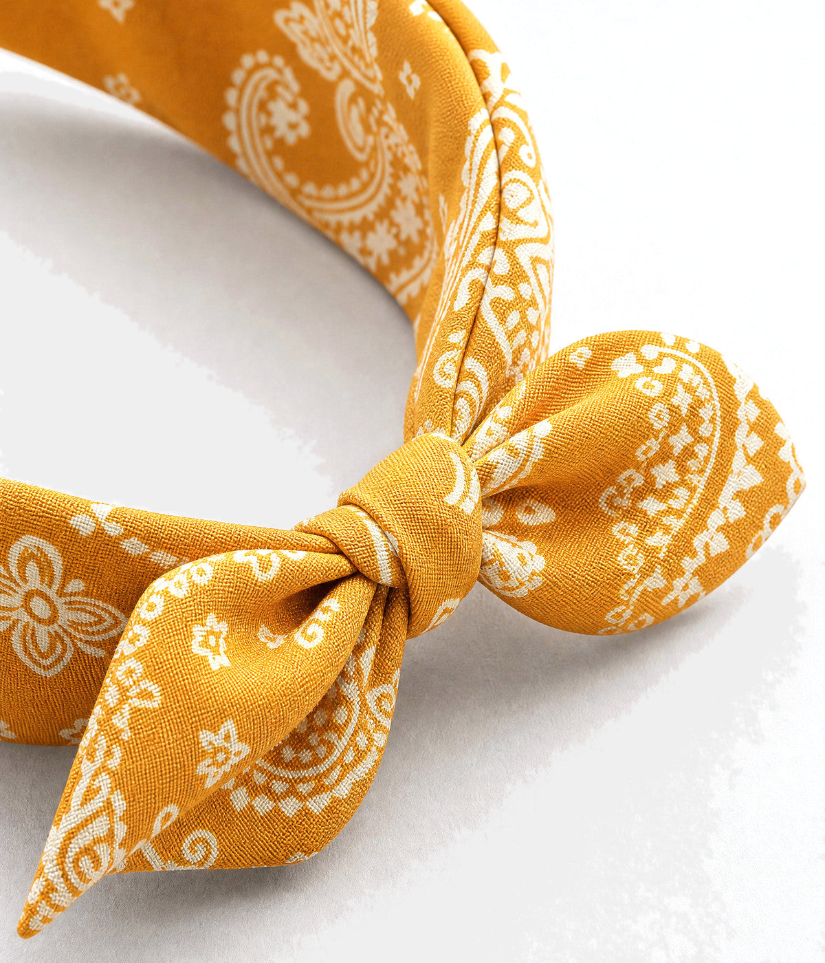 PAISLEY BOW HEADBAND. paisley bow headband in YELLOW, close-up view