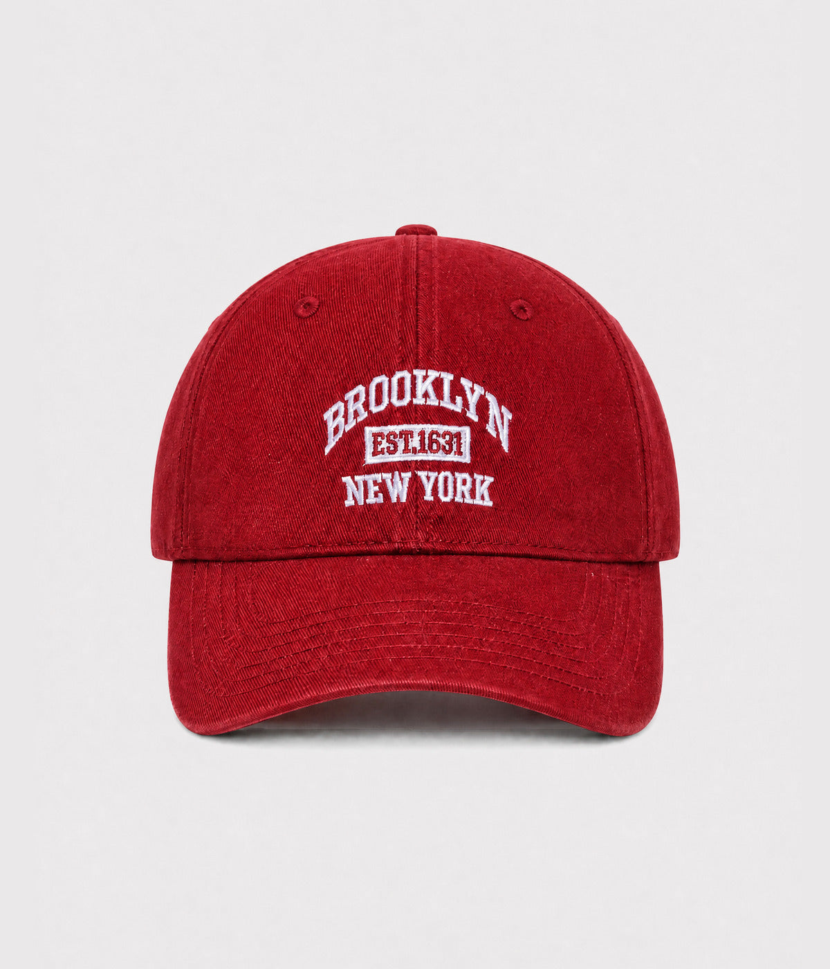 BROOKLYN NY. washed cotton dad cap in red, front view