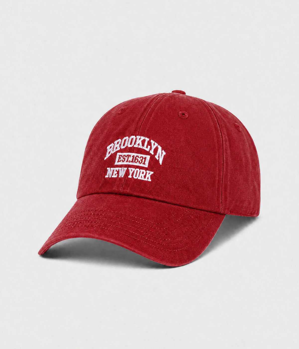 BROOKLYN NY. washed cotton dad cap in red, side view