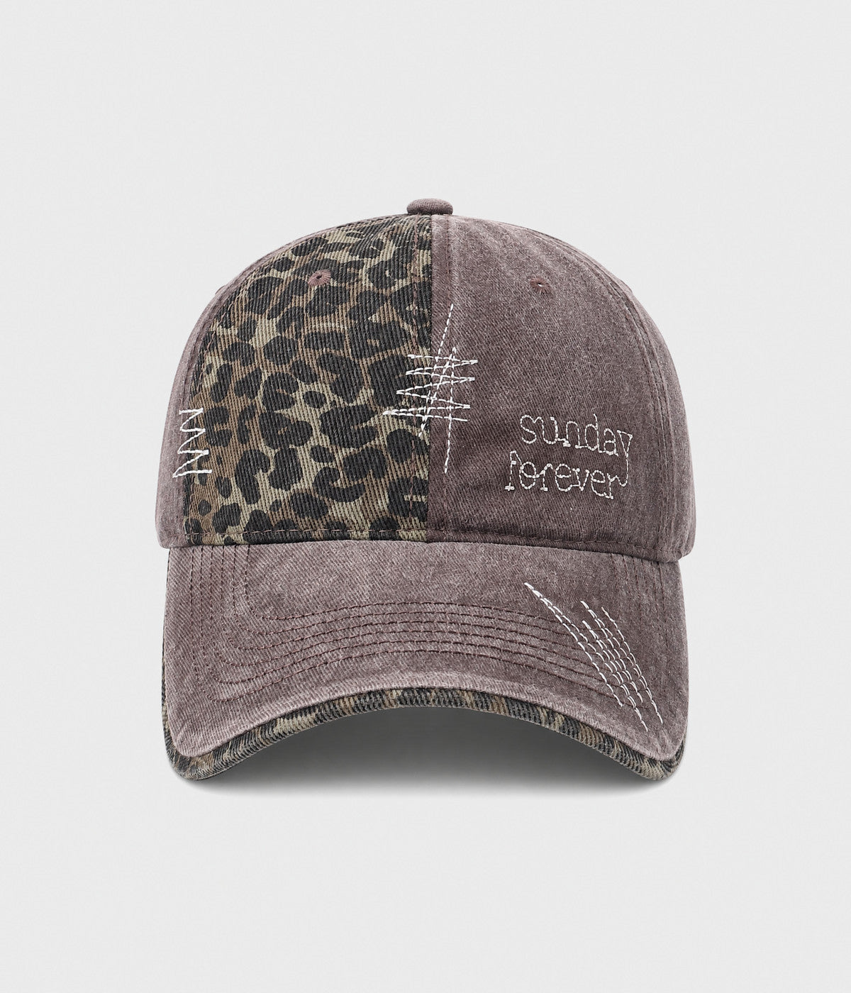 SUNDAY FOREVER. washed half-leopard dad cap in BROWN, front view