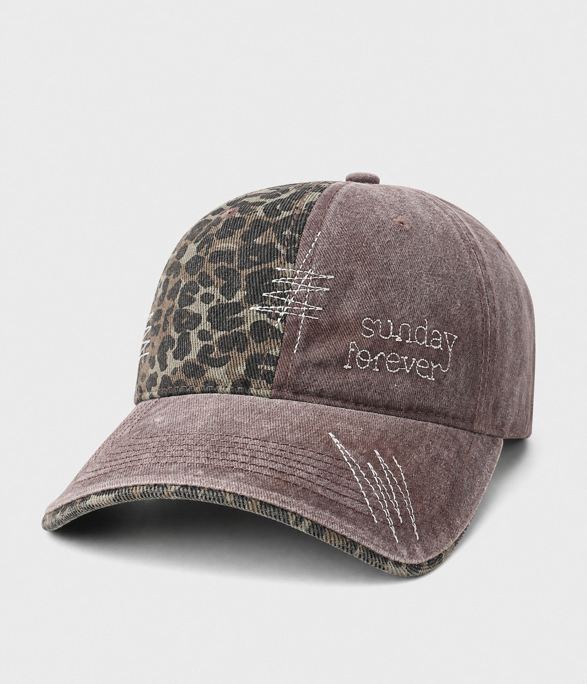 SUNDAY FOREVER. washed half-leopard dad cap in BROWN, side view