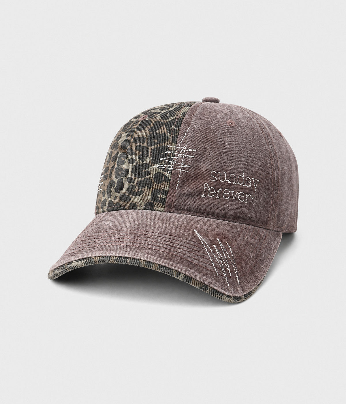 SUNDAY FOREVER. washed half-leopard dad cap in BROWN, side view