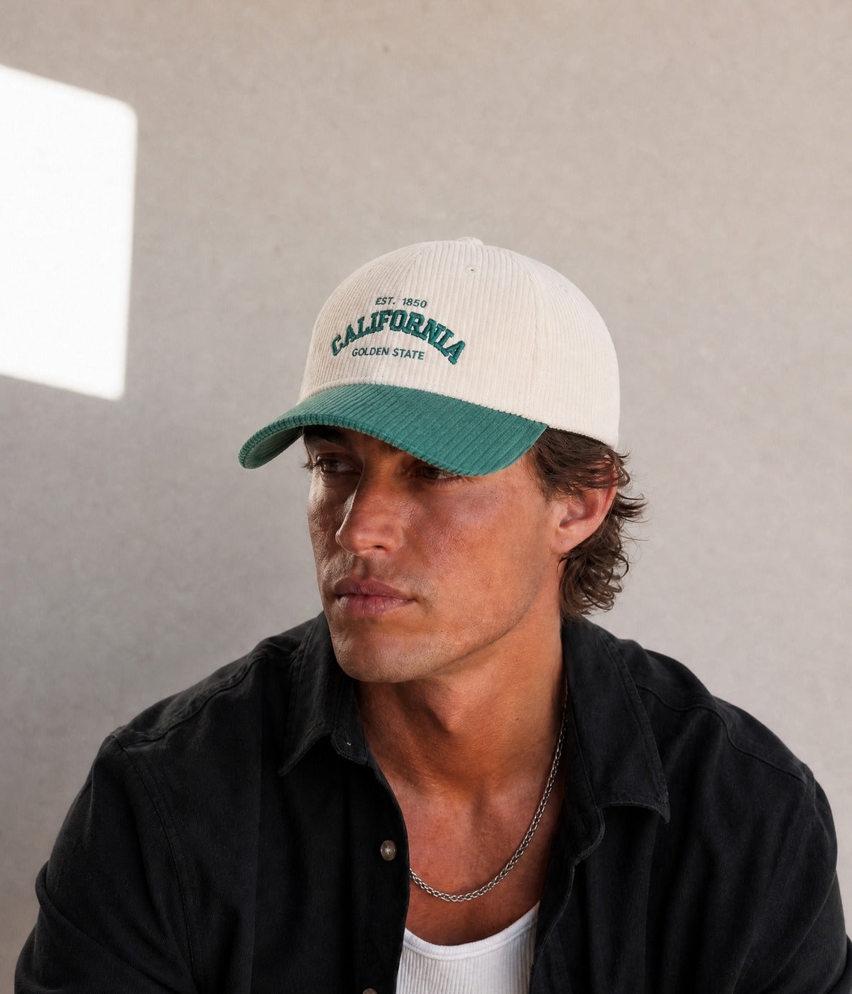CALIFORNIA CORDUROY. CREAM/GREEN worn by a man